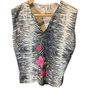 Joseph A Black White Floral Sleeveless V Neck Silk Blend Tank Top Sz L